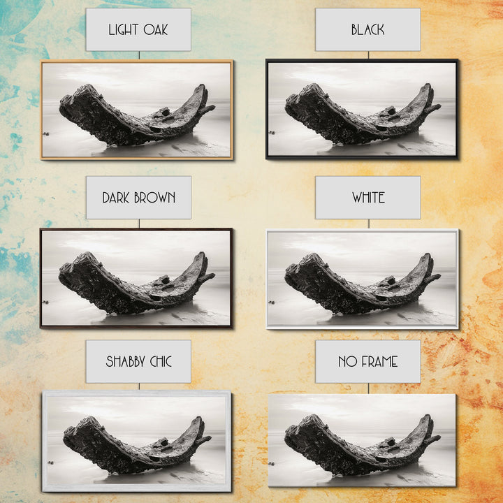 Coastal Shipwreck, Moody Beach, Driftwood Aesthetic, Minimalist Seascape, Canvas Print, Nautical Wall Art, Bathroom Decor, Ocean Art