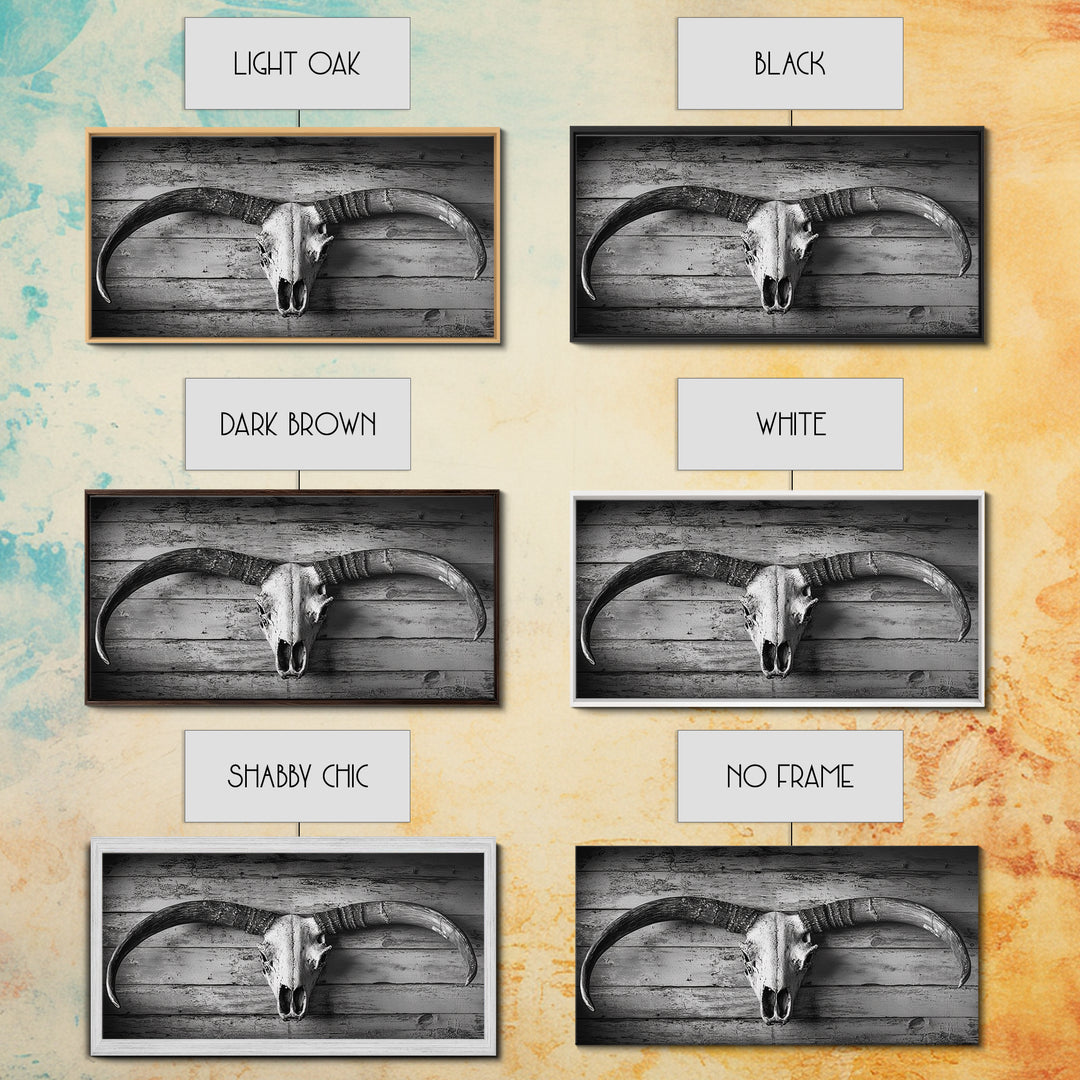 Bull Skull, Rustic Horns, Western Cabin Decor, Weathered Wood, Framed Canvas Print, Farmhouse Wall Art, Cowboy Office Decor, Rustic Wall Art