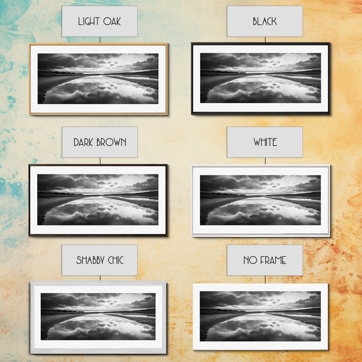 River Reflection, Cloudy Sky, Calm Nature Path, Modern Monochrome, Framed Canvas Print, Bedroom Wall Art, Minimalist Landscape Art