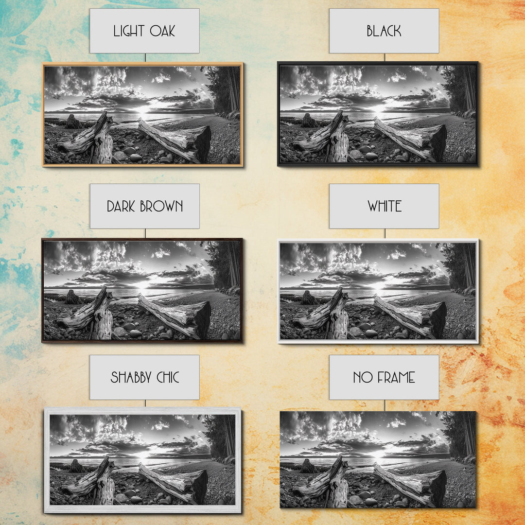 Driftwood Coastline, Rocky Beach Sunset, Nature Wall Art, Framed Canvas Print, Rustic Lake House Decor, Fall Coastal Aesthetic