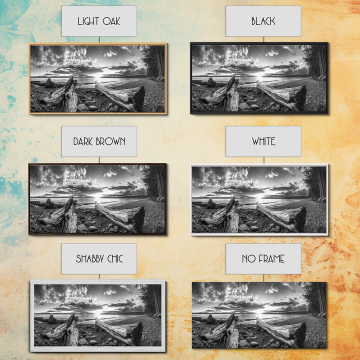 Driftwood Coastline, Rocky Beach Sunset, Nature Wall Art, Framed Canvas Print, Rustic Lake House Decor, Fall Coastal Aesthetic