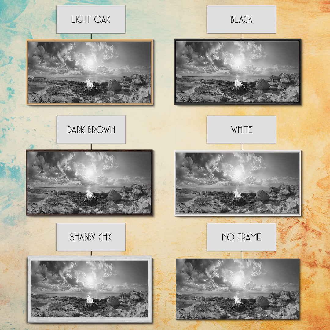 Coastal Campfire, Ocean Sunset, Rocky Shore, Bonfire Glow, Canvas Print, Nature Wall Art, Autumn Cabin Decor, Outdoor Retreat Style