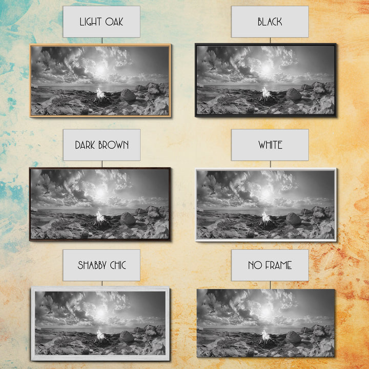 Coastal Campfire, Ocean Sunset, Rocky Shore, Bonfire Glow, Canvas Print, Nature Wall Art, Autumn Cabin Decor, Outdoor Retreat Style