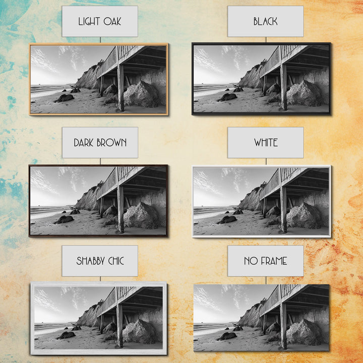 Coastal Cliff View, Seaside Escape, Beachside Structure, Framed Canvas Print, Rustic Wall Art, Modern Coastal Living Room Decor