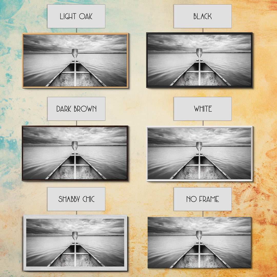 Canoe Lake, Adventure Paddle, Calm Waters, Cloudy Sky, Framed Canvas Print, Minimalist Art, Office Wall Decor, Nature Lover Style