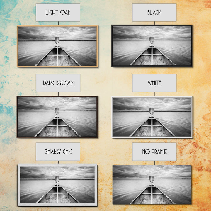 Canoe Lake, Adventure Paddle, Calm Waters, Cloudy Sky, Framed Canvas Print, Minimalist Art, Office Wall Decor, Nature Lover Style