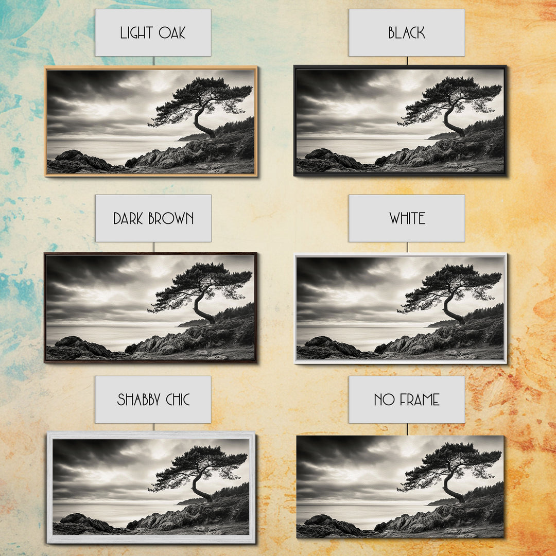 Coastal Tree, Windswept Cliff, Serene Horizon, Nature Escape, Framed Canvas Print, minimalist wall art, bedroom decor, zen nature print