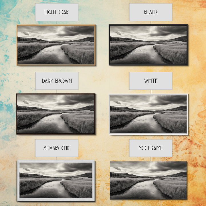 River Valley, Flowing Stream, Grassy Hills, Wilderness Calm, Framed Canvas Print, rustic home decor, Fall art, cabin wall landscape print