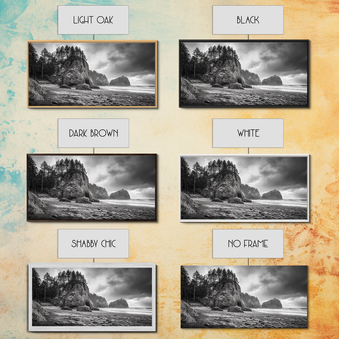 Coastal Rocks, Forest Cliffs, Moody Ocean, Framed Canvas Print, Pacific Northwest Wall Art, Dramatic Seascape, Autumn Nature Photography