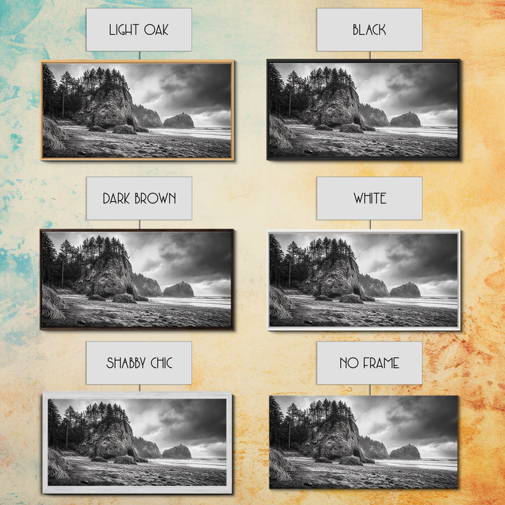 Coastal Rocks, Forest Cliffs, Moody Ocean, Framed Canvas Print, Pacific Northwest Wall Art, Dramatic Seascape, Autumn Nature Photography