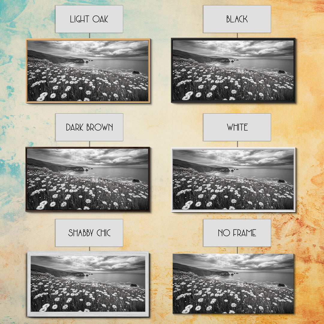 Coastal Flower Field, Ocean Meadow Scene, Seaside Wildflower Landscape, Serene Botanical Print, Living Room Art, Canvas Print