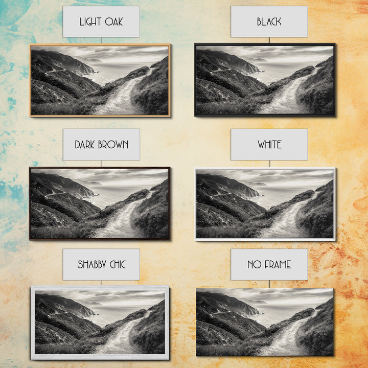 Cliffside Trail Path, Coastal Hiking Print, Rugged Ocean View, Nature Adventure Wall Art, Rustic Modern Decor, Framed Canvas Print