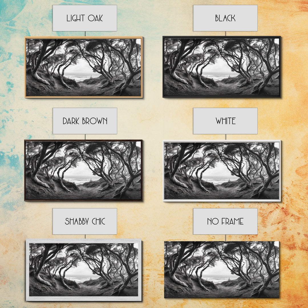 Coastal Trees, Windswept Forest, Ocean View, Framed Canvas Print, Boho Wall Art, Living Room Art, Nature Wall Decor, Monochrome Landscape