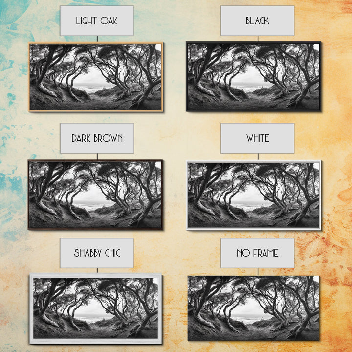 Coastal Trees, Windswept Forest, Ocean View, Framed Canvas Print, Boho Wall Art, Living Room Art, Nature Wall Decor, Monochrome Landscape