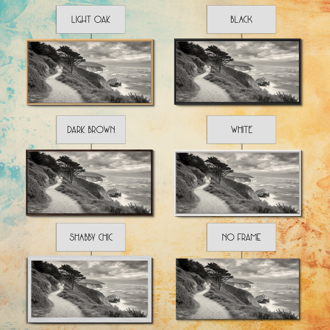 Coastal Path, Nature Trail, Ocean Cliff, Cypress Tree, Framed Canvas Print, Minimalist Wall Art, Living Room Decor, Scenic Landscape