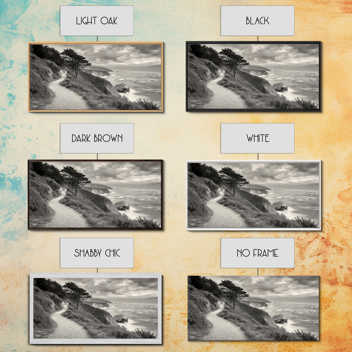 Coastal Path, Nature Trail, Ocean Cliff, Cypress Tree, Framed Canvas Print, Minimalist Wall Art, Living Room Decor, Scenic Landscape