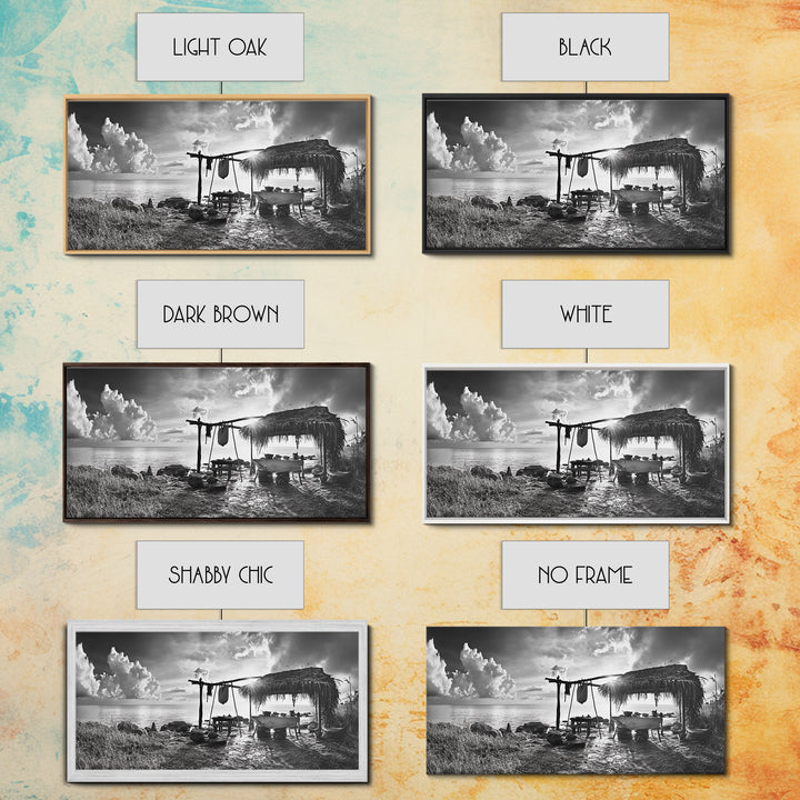 Beach Shack, Driftwood Table, Seaside Shelter, Sun Rays, Canvas Print, Rustic Coastal Art, Boho Decor, Dining Room Wall Art, Cabin Wall Art