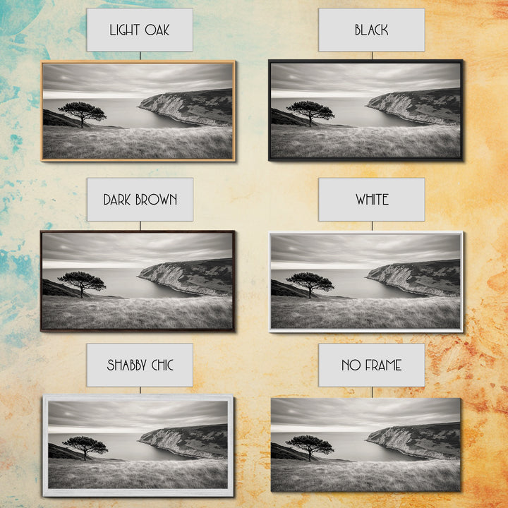 Coastal Cliff View, Solitary Tree Scene, Modern Minimalist Style, Framed Canvas Print, Calm Neutral Wall Art, Living Room Decor