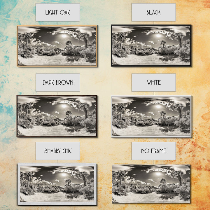 Desert Oasis, Palm Landscape, Nature Panorama, Framed Canvas Print, Tropical Wall Art, Living Room Decor, Boho Aesthetic, Sunlit Scene