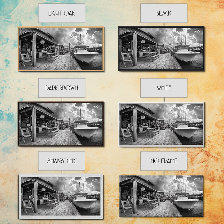 Dockside Market, Nautical Vibes, Fishing Village, Framed Canvas Print, Coastal Kitchen Art, Rustic Decor, Oceanfront Life Scene