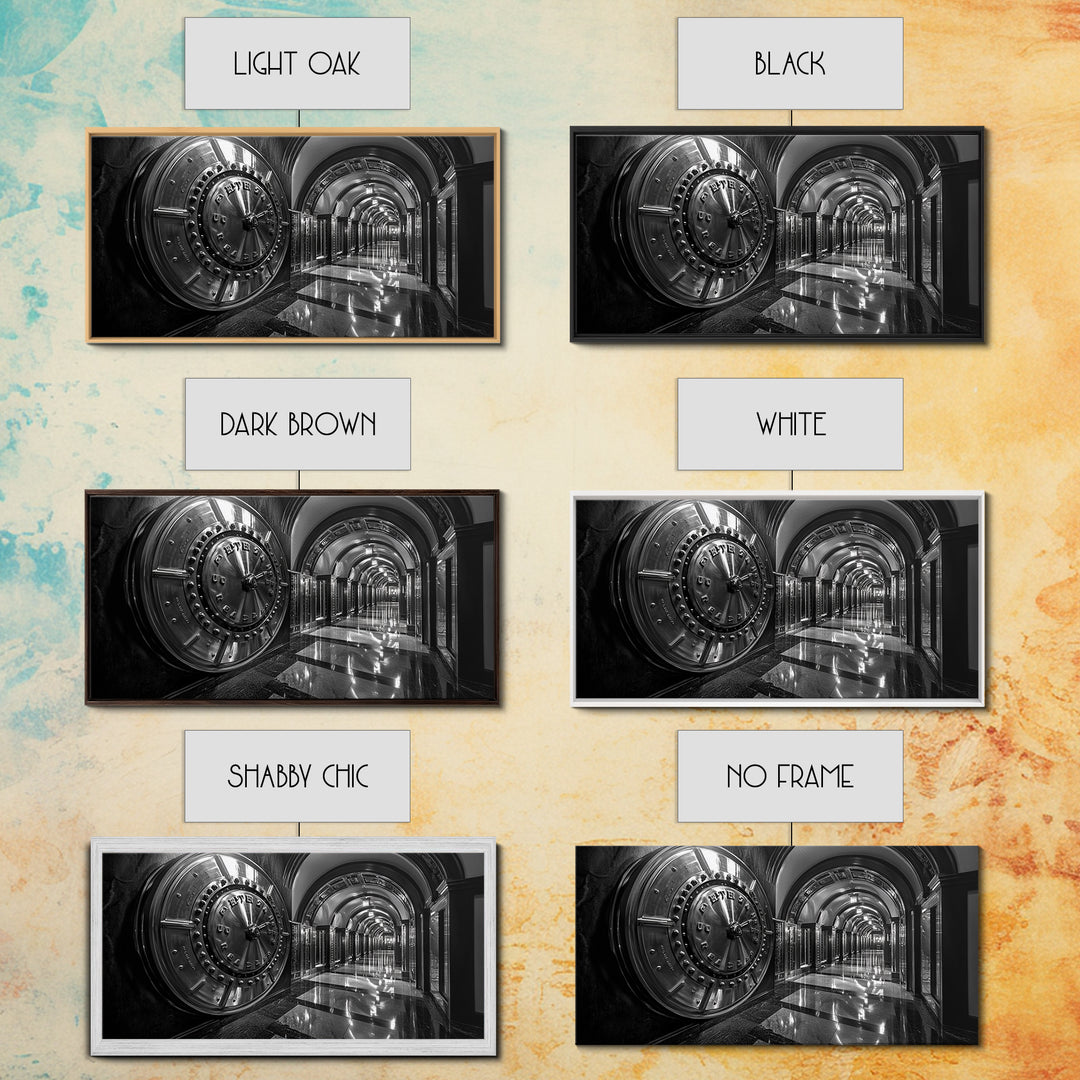 Bank Vault Door, Industrial Urban Decor, Luxury Office Art, Framed Canvas Print, Black and Silver Wall Art, Masculine Home Style