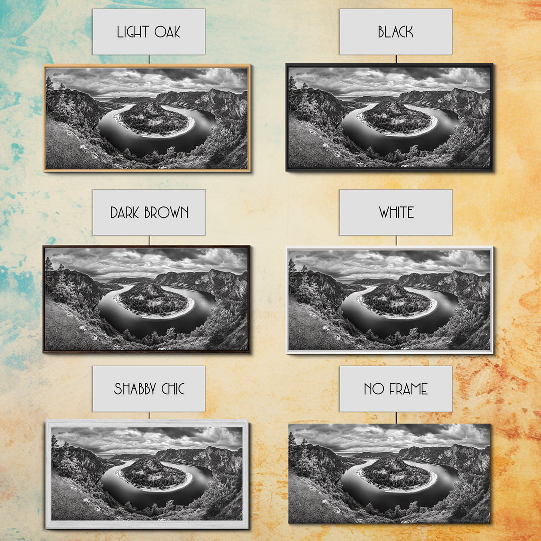 River Bend Landscape, Mountain View Aerial, Nature Panorama Scene, Framed Canvas Print, Cabin Wall Art, Adventure Boho Art, Living Room Wall Art