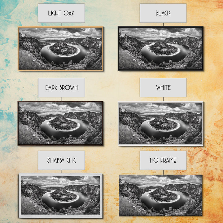 River Bend Landscape, Mountain View Aerial, Nature Panorama Scene, Framed Canvas Print, Cabin Wall Art, Adventure Boho Art, Living Room Wall Art