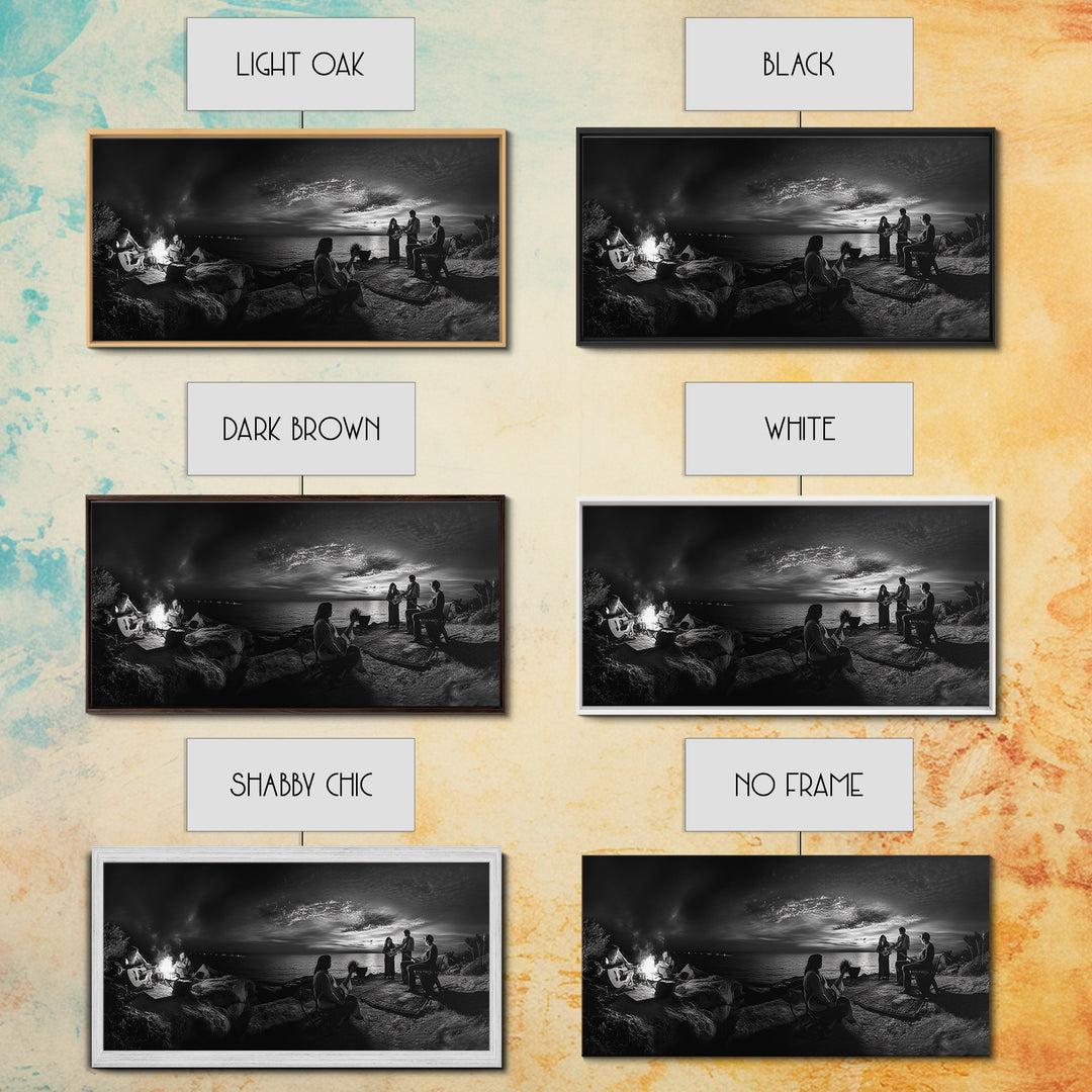 Campfire Gathering, Boho Night Vibes, Music Outdoors Scene, Framed Canvas Print, Living Room Wall Art, Folk Rustic Aesthetic