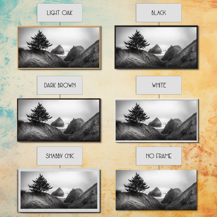 Coastal Cliff Scene, Evergreen Ocean Landscape, Pacific Northwest View, Framed Canvas Print, Nature Inspired Wall Art, Minimalist Decor