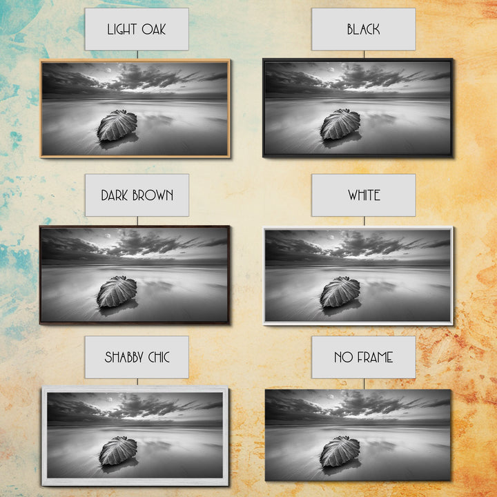 Beach Leaf Still, Autumn Nature Scene, Calm Ocean Shoreline, Canvas Print, Fall Bathroom Wall Art, Neutral Earth Tone Decor