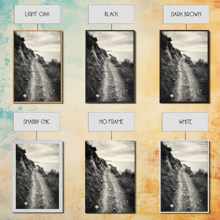 Coastal Cliff Path, Tranquil Trail, Black and White Landscape, Nature Lover Gift, Framed Canvas Print, Entryway Wall Art, Rustic Boho Art