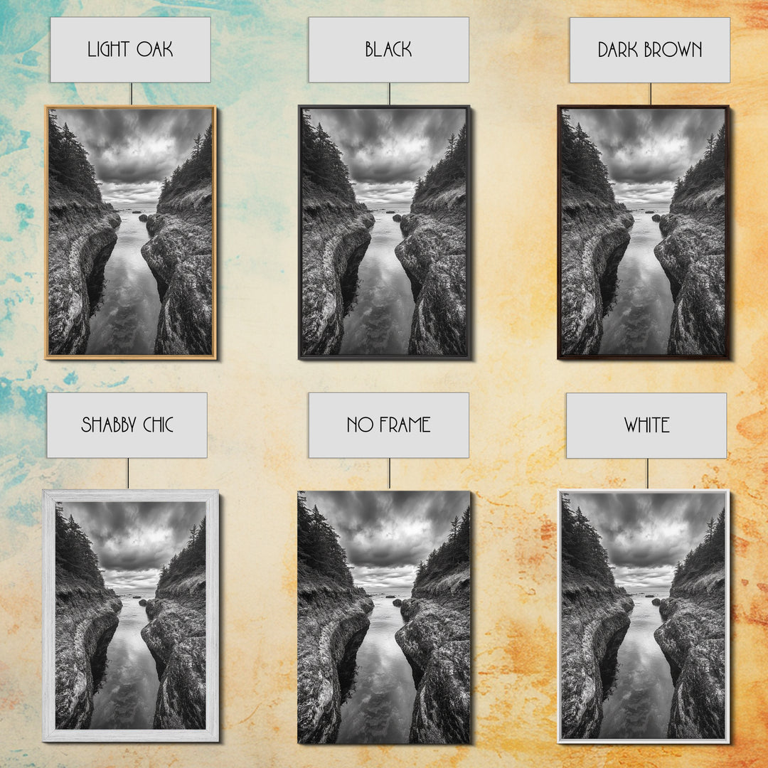 Rocky Waterway, Coastal Reflections, Dramatic Cloudscape, Ocean Nature Print, Framed Canvas Print, Bathroom Wall Art, Modern Rustic Style