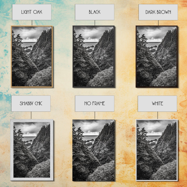 Rugged Ocean View, Coastal Forest, Black and White Mountains, Pacific Northwest Vibes, Framed Canvas Print, Den Wall Art, Moody Cabin Decor