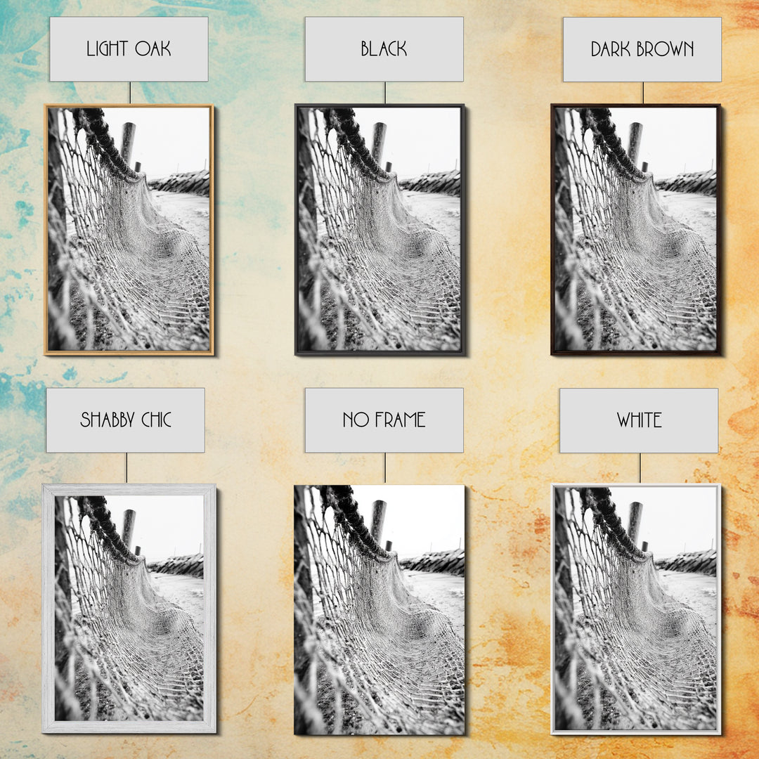 Coastal Net, Beach Texture, Nautical Vibe, Ocean Fence, Framed Canvas Print, Bathroom Wall Art, Coastal Cottage Style, Monochrome Beach Art