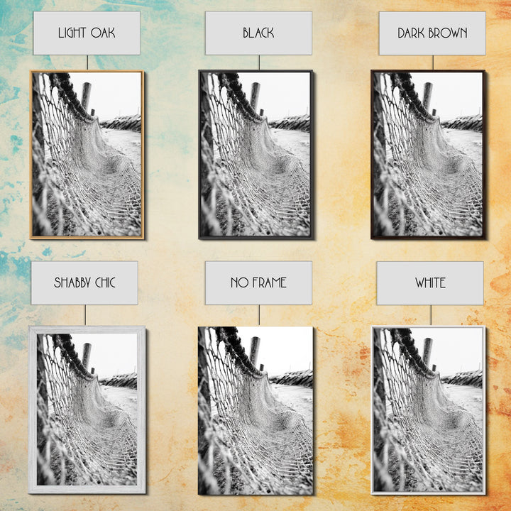 Coastal Net, Beach Texture, Nautical Vibe, Ocean Fence, Framed Canvas Print, Bathroom Wall Art, Coastal Cottage Style, Monochrome Beach Art