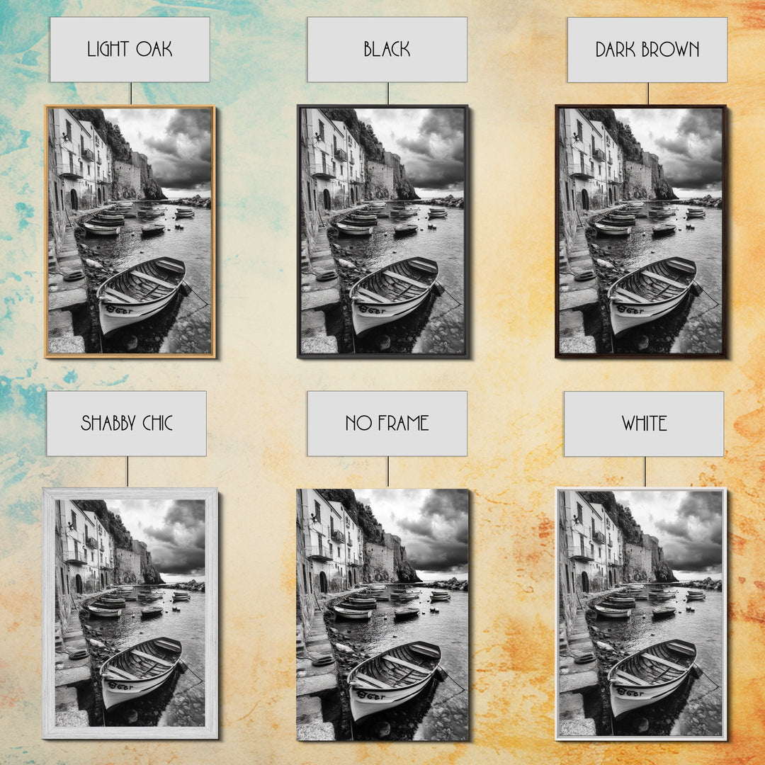 Coastal Village, Fishing Boats, Mediterranean Harbor, Seaside Charm, Framed Canvas Print, Nautical Kitchen Wall Art, Fall Decor Accent