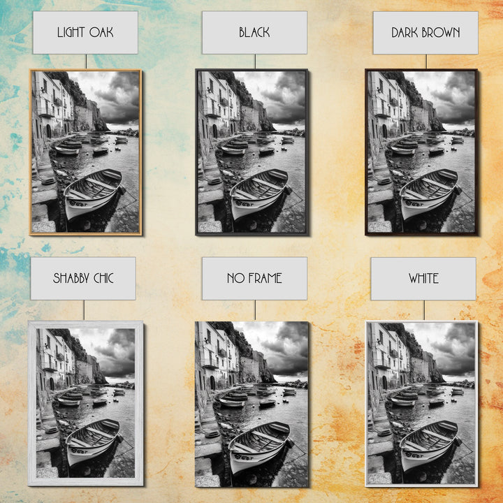 Coastal Village, Fishing Boats, Mediterranean Harbor, Seaside Charm, Framed Canvas Print, Nautical Kitchen Wall Art, Fall Decor Accent