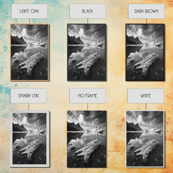 Arctic Driftwood View, Iceberg Horizon, Moody Mountains, Framed Canvas Print, Office Wall Art, Monochrome Nature, Nordic Aesthetic