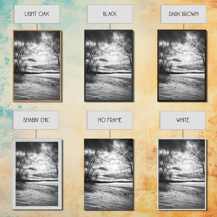 Dramatic Beach Sunset, Bare Trees Silhouette, Nature Photography, Framed Canvas Print, Fall Wall Art, Entryway Decor, Rustic Minimalist