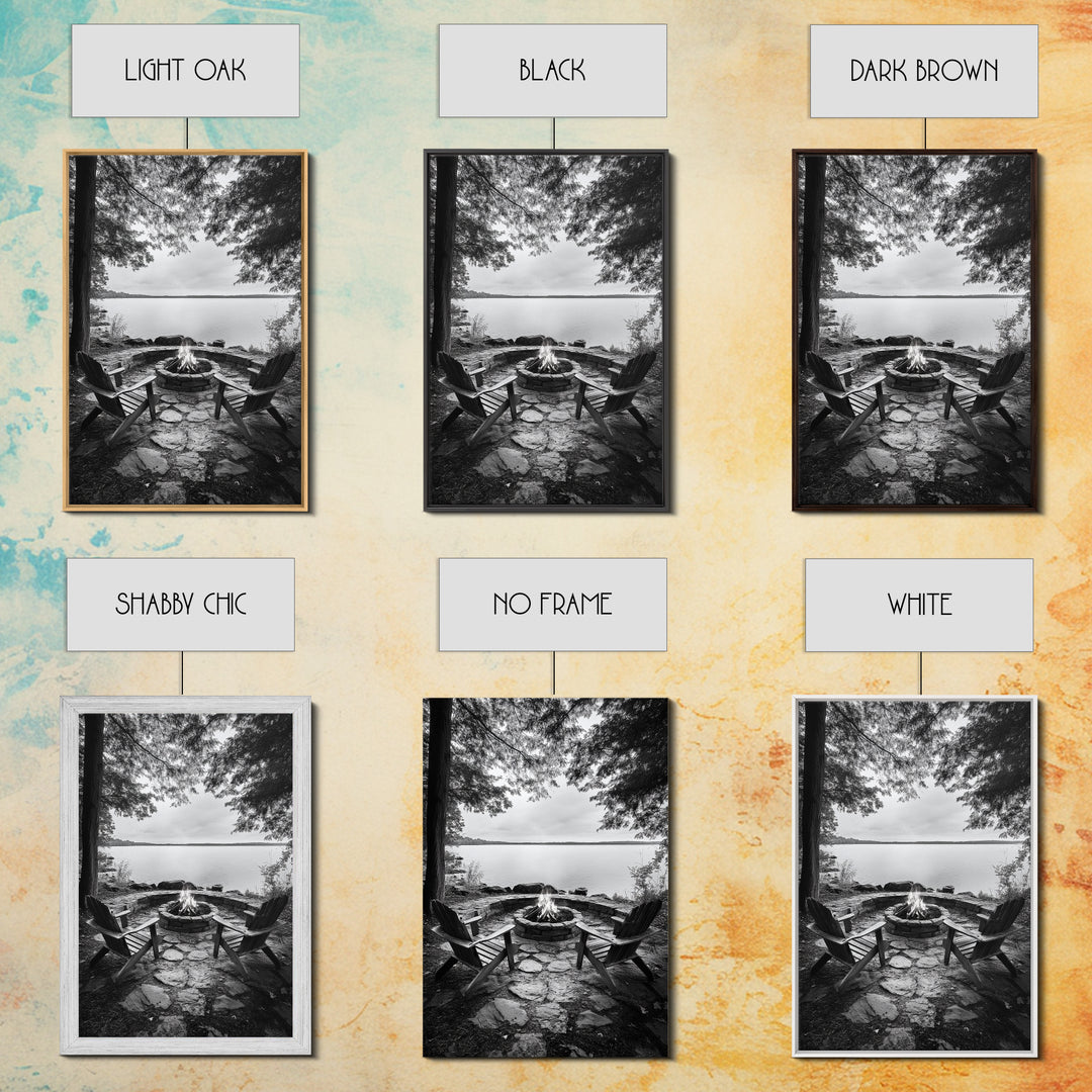 Campfire Lake Night, Adirondack Chairs, Wilderness Glow, Framed Canvas Print, Outdoor Living Wall Art, Cabin Decor, Autumn Retreat Art