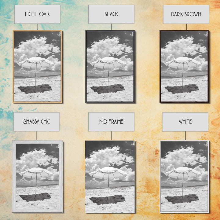 Beach Umbrella, Sunny Escape, Coastal Cloudscape, Framed Canvas Print, Summer Vibe Wall Art, Outdoor Living Decor, Travel Mood