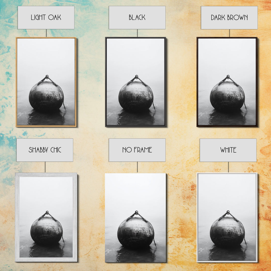 Buoy Stillness, Ocean Fog, Minimal Water, Framed Canvas Print, Nautical Wall Art, Bathroom Decor, Calm Coastal Black and White Art