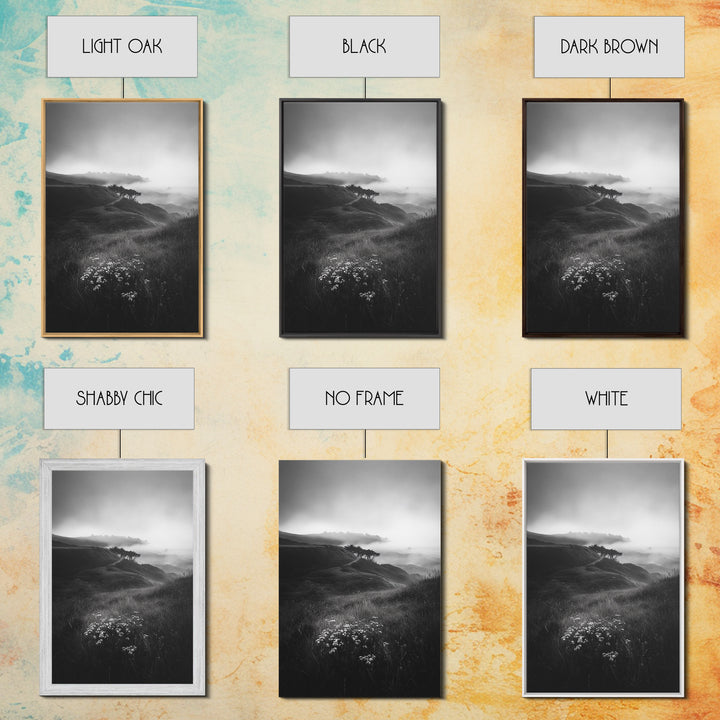 Rolling Mist Hills, Dreamy Countryside, Framed Canvas Print, Black and White Wall Art, Bedroom Calm Decor, Nature Landscape