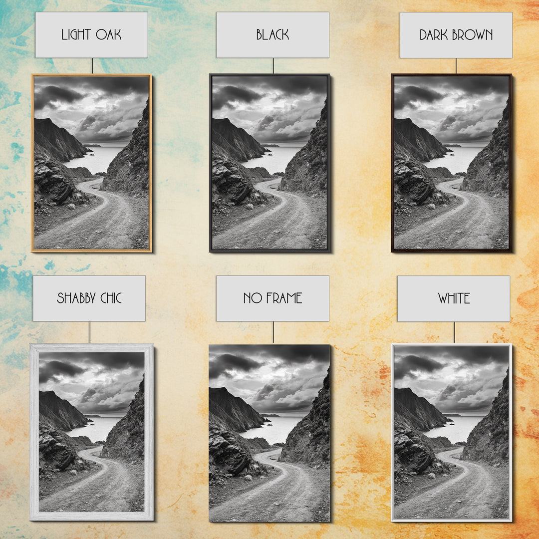 Coastal Road Curve, Rugged Cliff Path, Dramatic Seascape, Canvas Print, Office Wall Art, Monochrome Nature Art, Rustic Home Decor