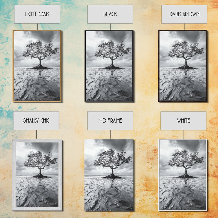 Lonely Tree, Coastal Roots, Ocean Breeze, Framed Canvas Print, Entryway Wall Art, Moody Nature Photography, Minimalist Earth Tones