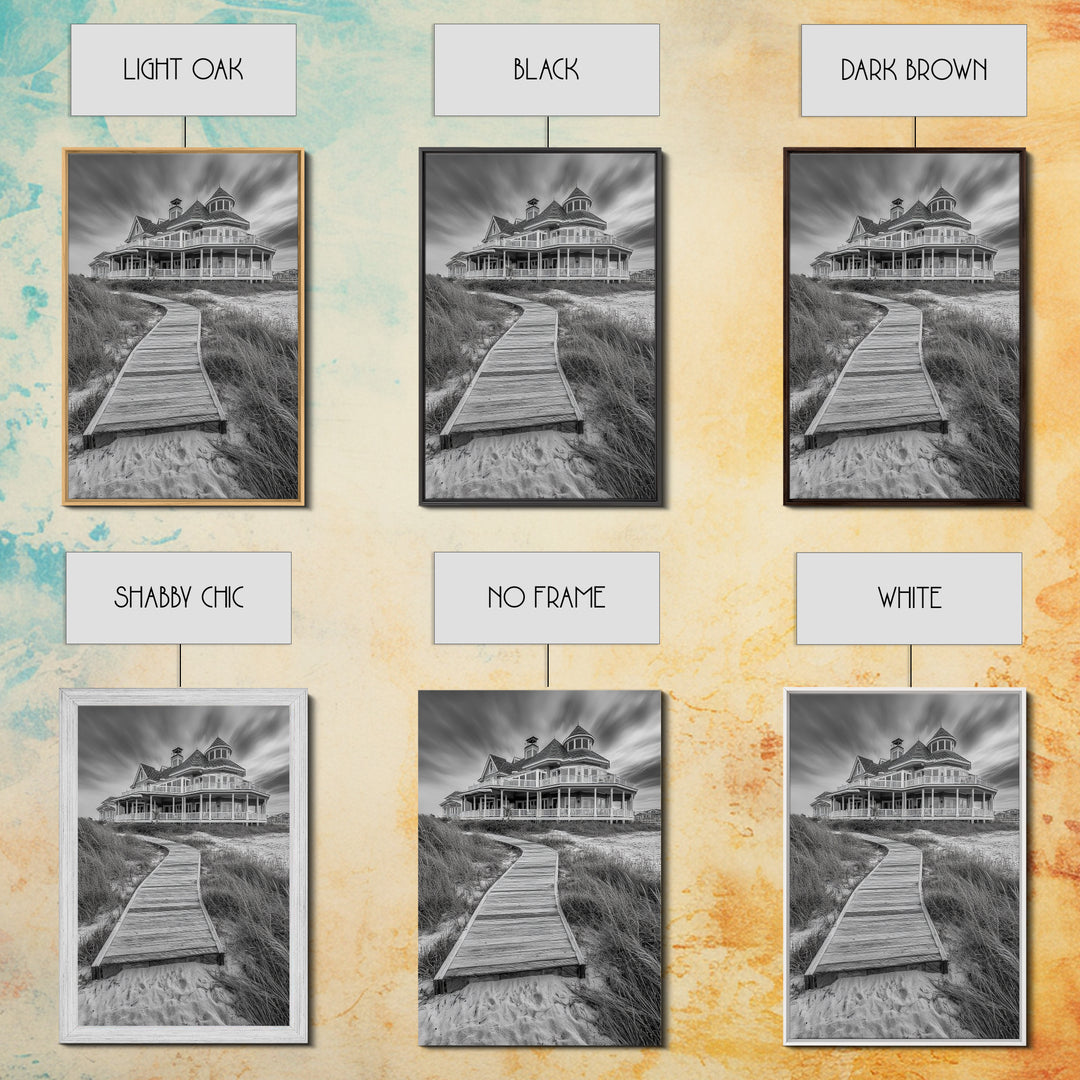 Beach House, Boardwalk Path, Coastal Architecture, Framed Canvas Print, Hallway Wall Art, Neutral Tones, Minimalist Coastal Style