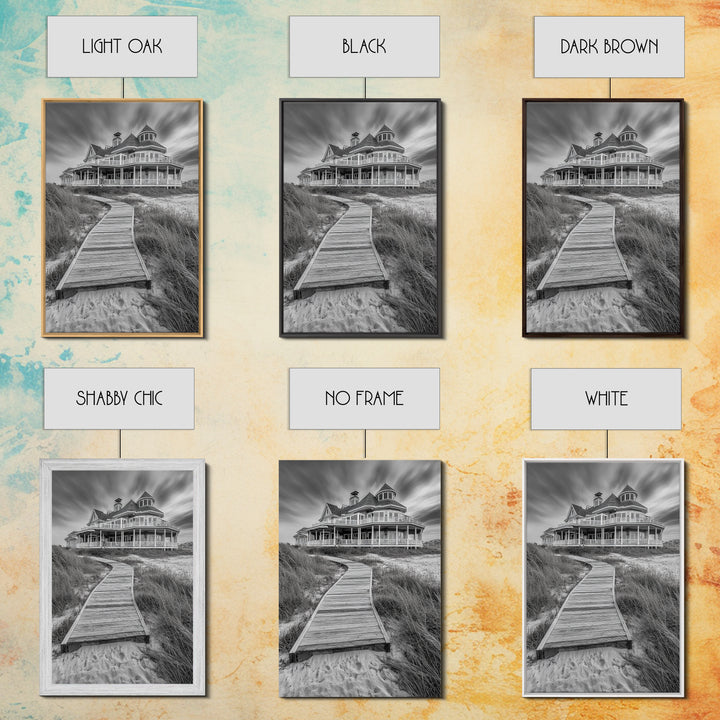 Beach House, Boardwalk Path, Coastal Architecture, Framed Canvas Print, Hallway Wall Art, Neutral Tones, Minimalist Coastal Style