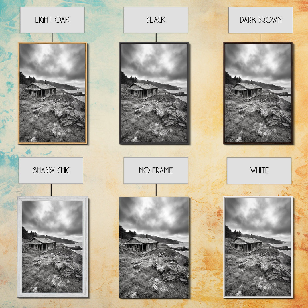 Abandoned Cabin, Coastal Cliff, Moody Landscape, Autumn Wall Art, Framed Canvas Print, Living Room Rustic Art, Farmhouse Aesthetic