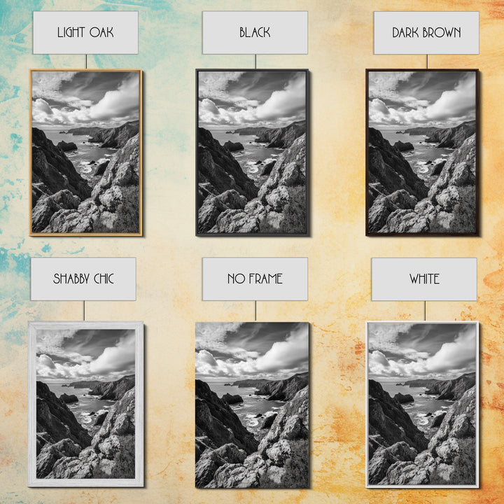 Rugged Cliffs, Ocean View, Coastal Escape, Framed Canvas Print, black and white coastal art, beach house wall decor, moody ocean print