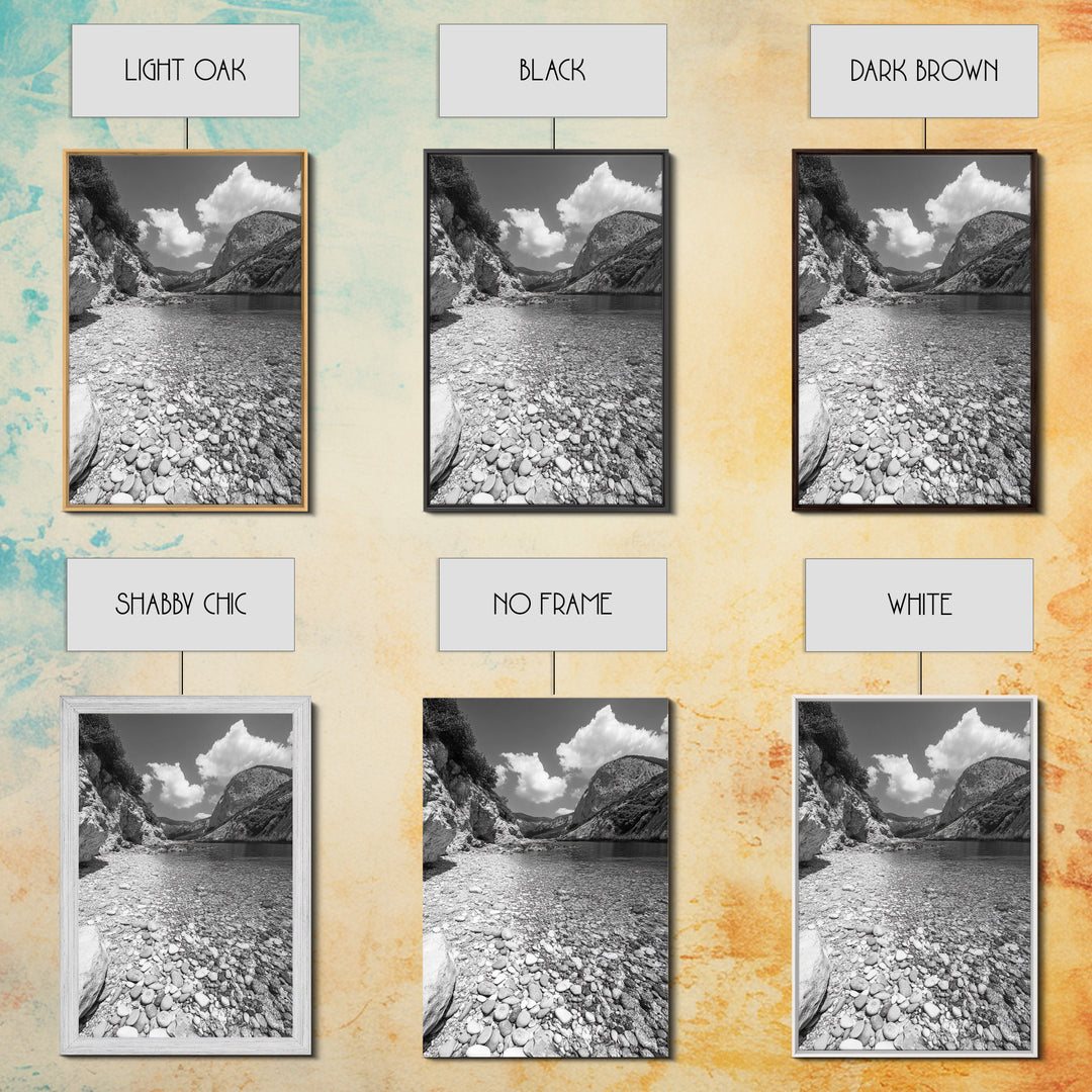 Rocky Beach, Crystal Water, Mountain Backdrop, Framed Canvas Print, tranquil lake art, minimalist decor, natural wall art